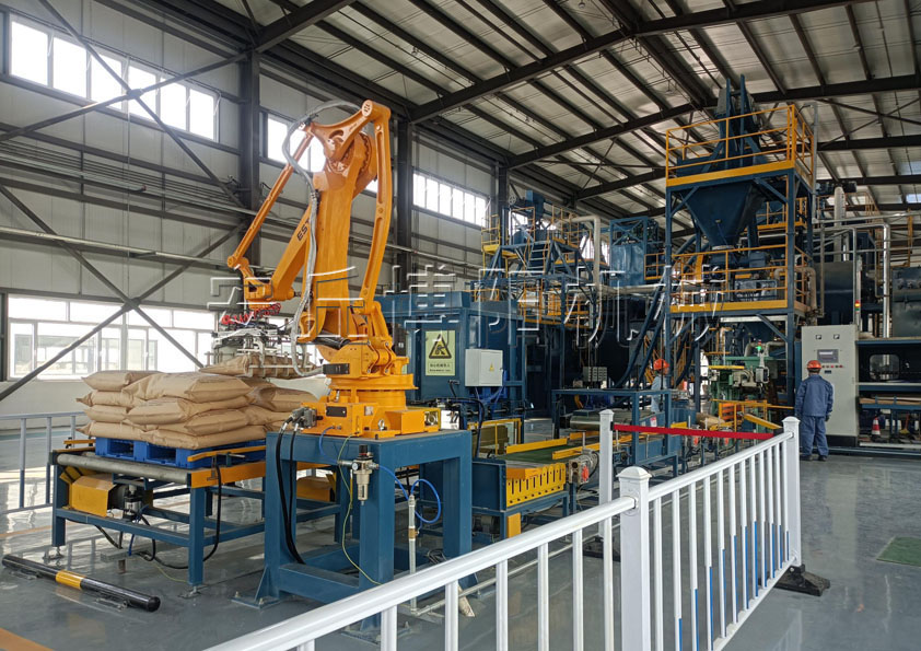 澆注料全自動包裝設(shè)備配套自動碼垛機(jī)械手的工作流程是什么？